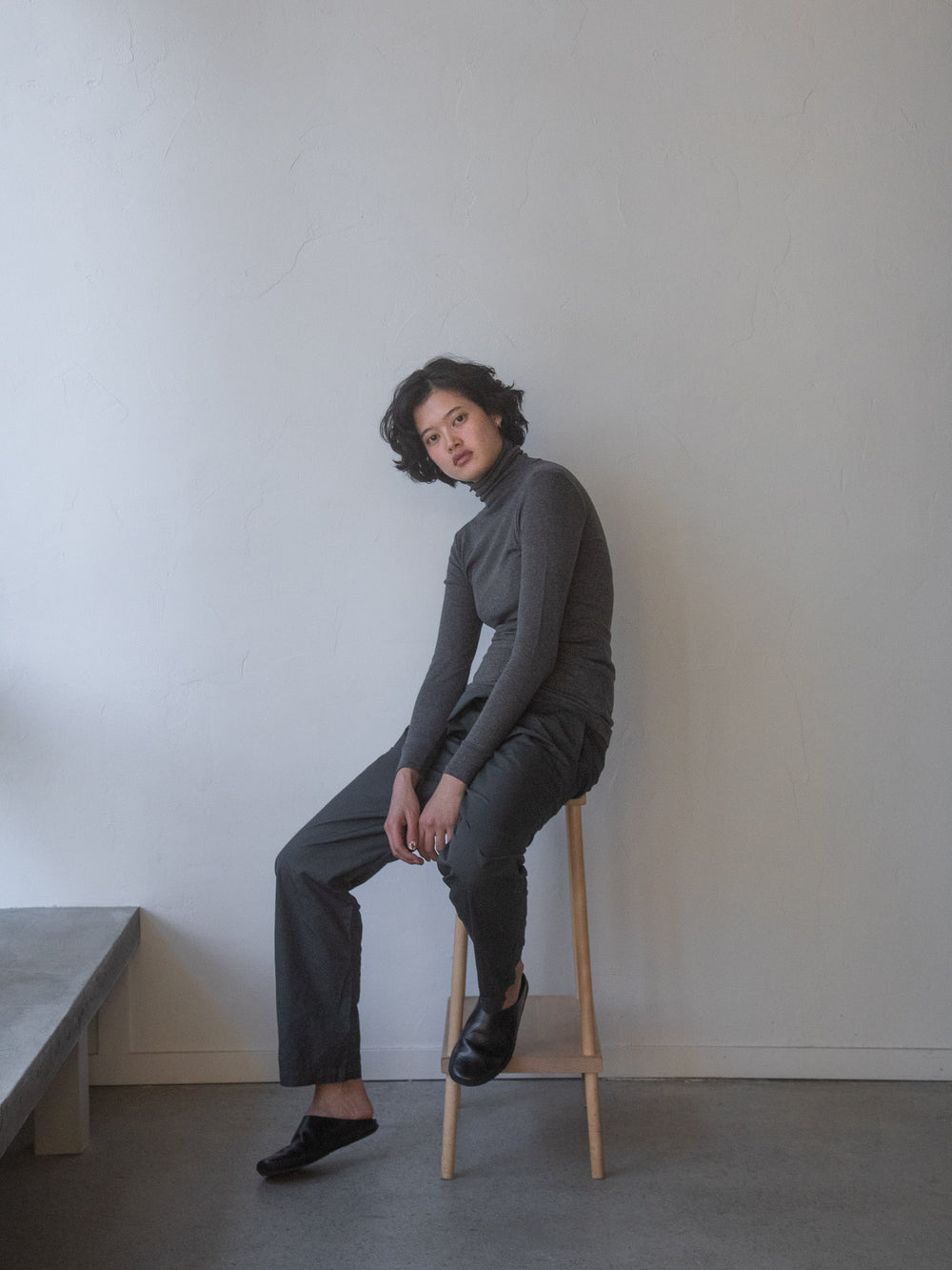 Thin Cotton Turtleneck Shirt - Charcoal